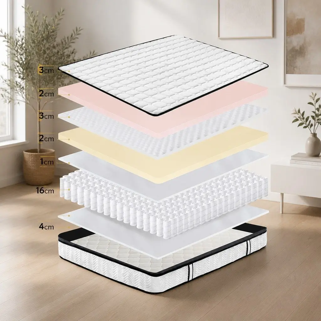 Double Pocket Spring Mattress for Bedroom Double Size Medium-Firm 5-Zone Support Hybrid Foam Latex