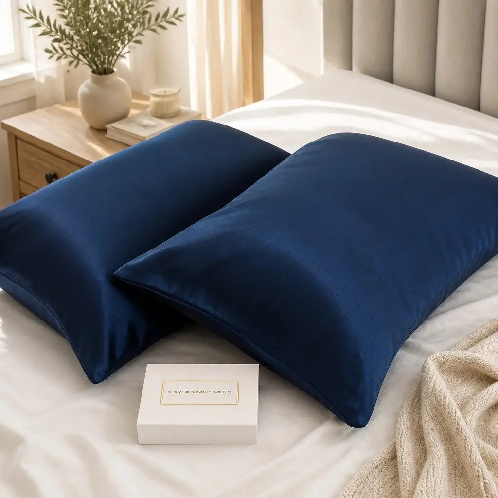Mulberry Silk Pillowcase Twin Pack for Sleep 51x76cm Navy Hypoallergenic Breathable