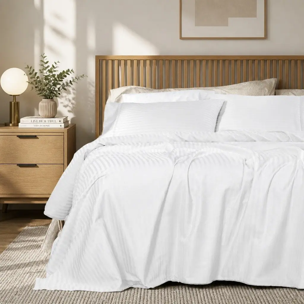 Sheet Set King Damask Stripe 1200 Thread Count Cotton Blend Sateen Bedding