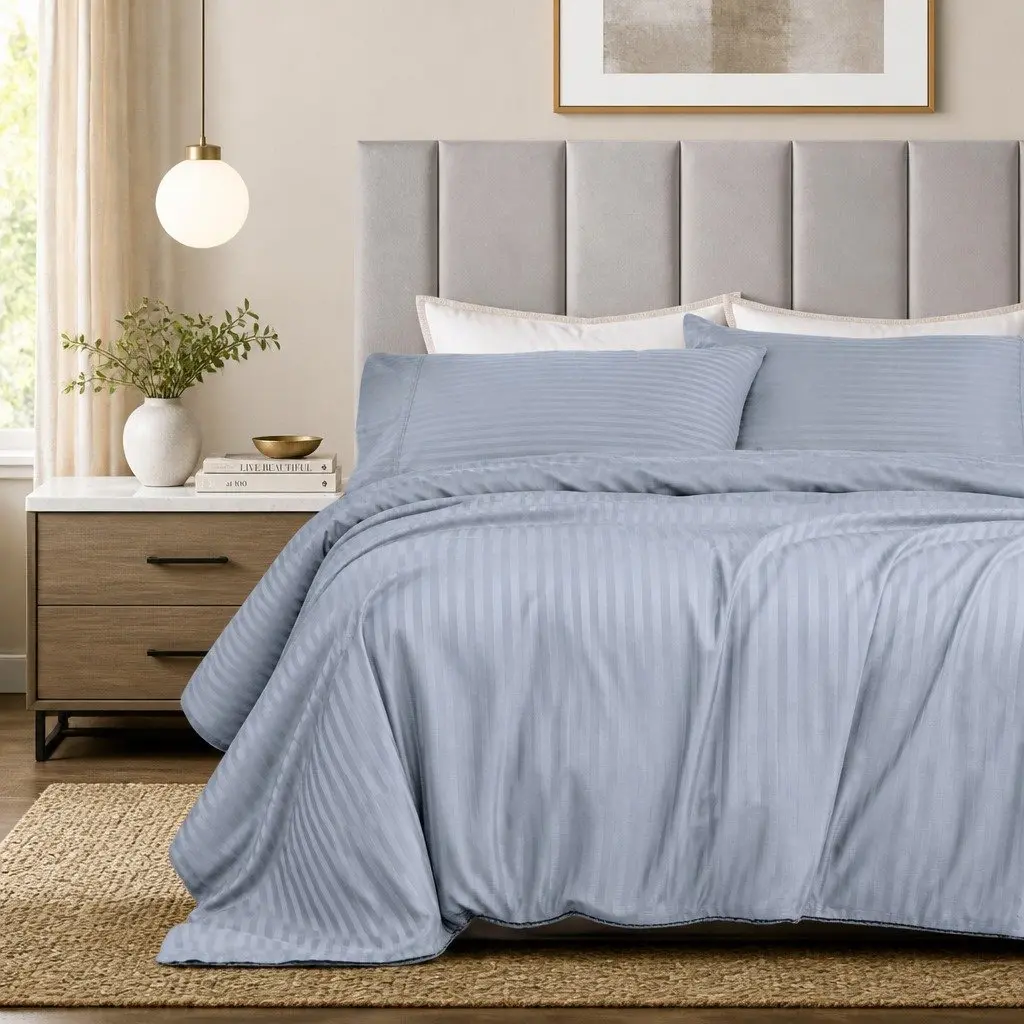 1200 Thread Count Sheet Set King Blue Fog Damask Stripe Cotton Blend