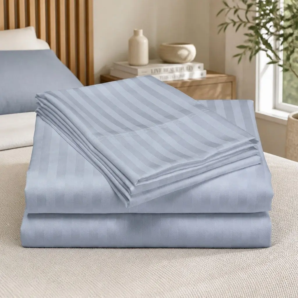1200 Thread Count Sheet Set King Blue Fog Damask Stripe Cotton Blend