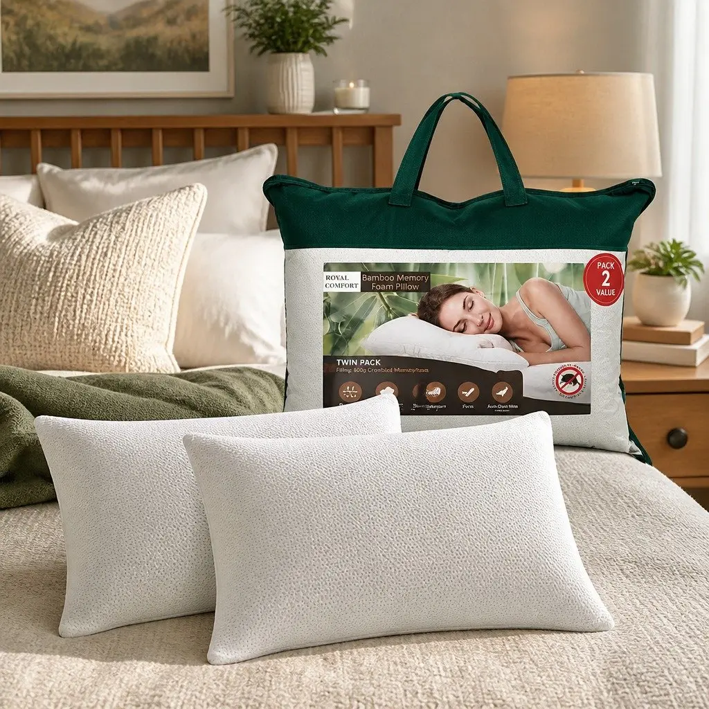 Memory Foam Pillow Twin Pack Bamboo Cover Contoured Neck Head Support Sleeping