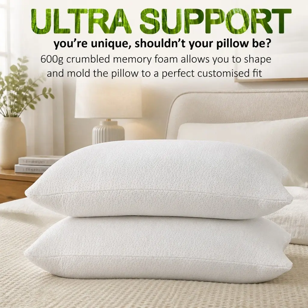 Memory Foam Pillow Twin Pack Bamboo Cover Contoured Neck Head Support Sleeping