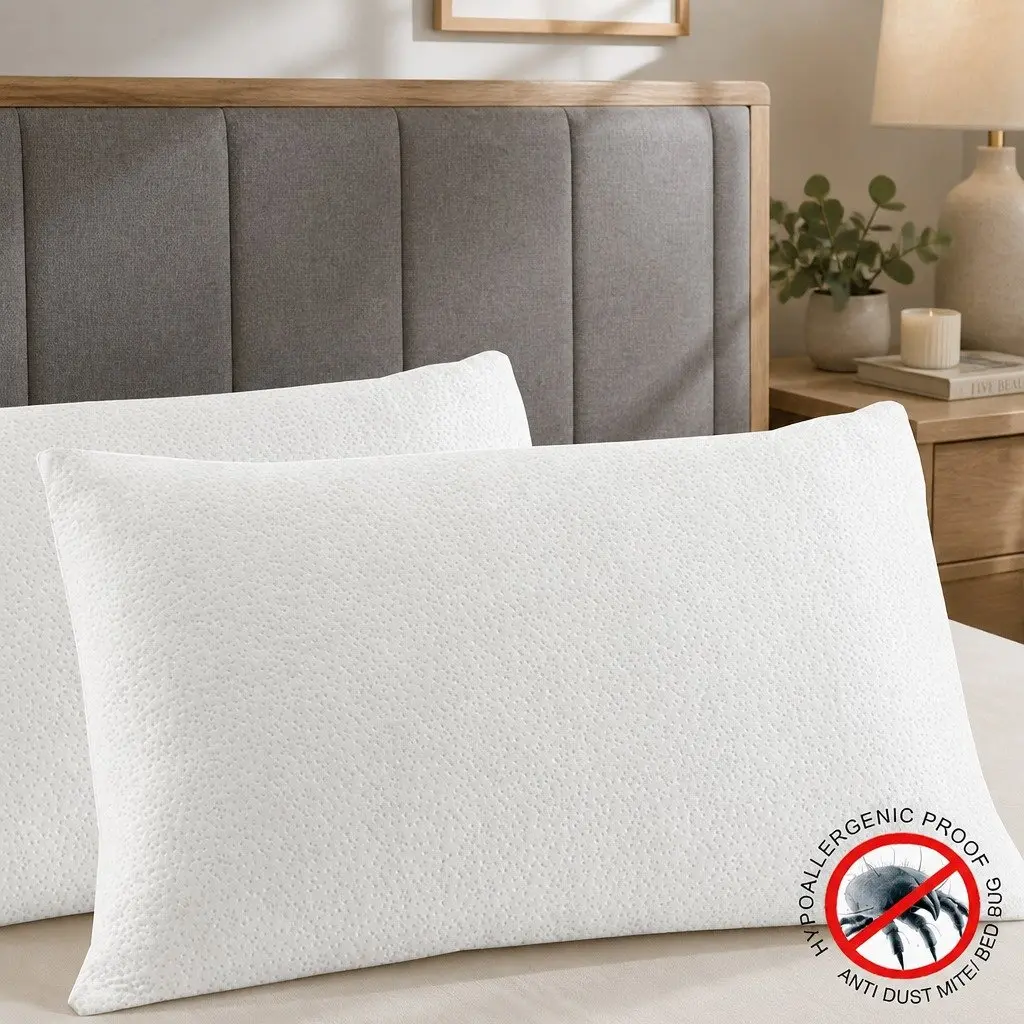 Memory Foam Pillow Twin Pack Bamboo Cover Contoured Neck Head Support Sleeping