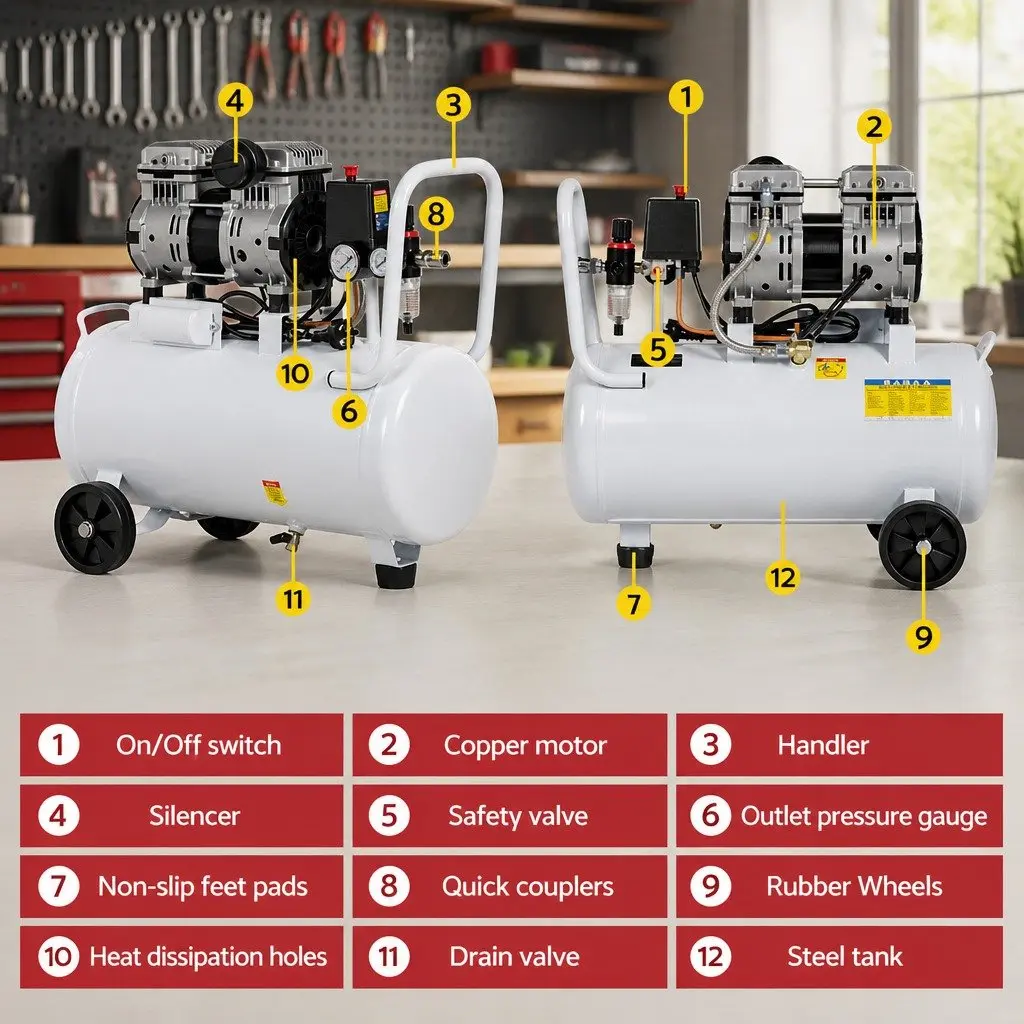 30L Air Compressor Quiet Oil-Free Portable Tyre Inflator 40L/Min 0.75HP
