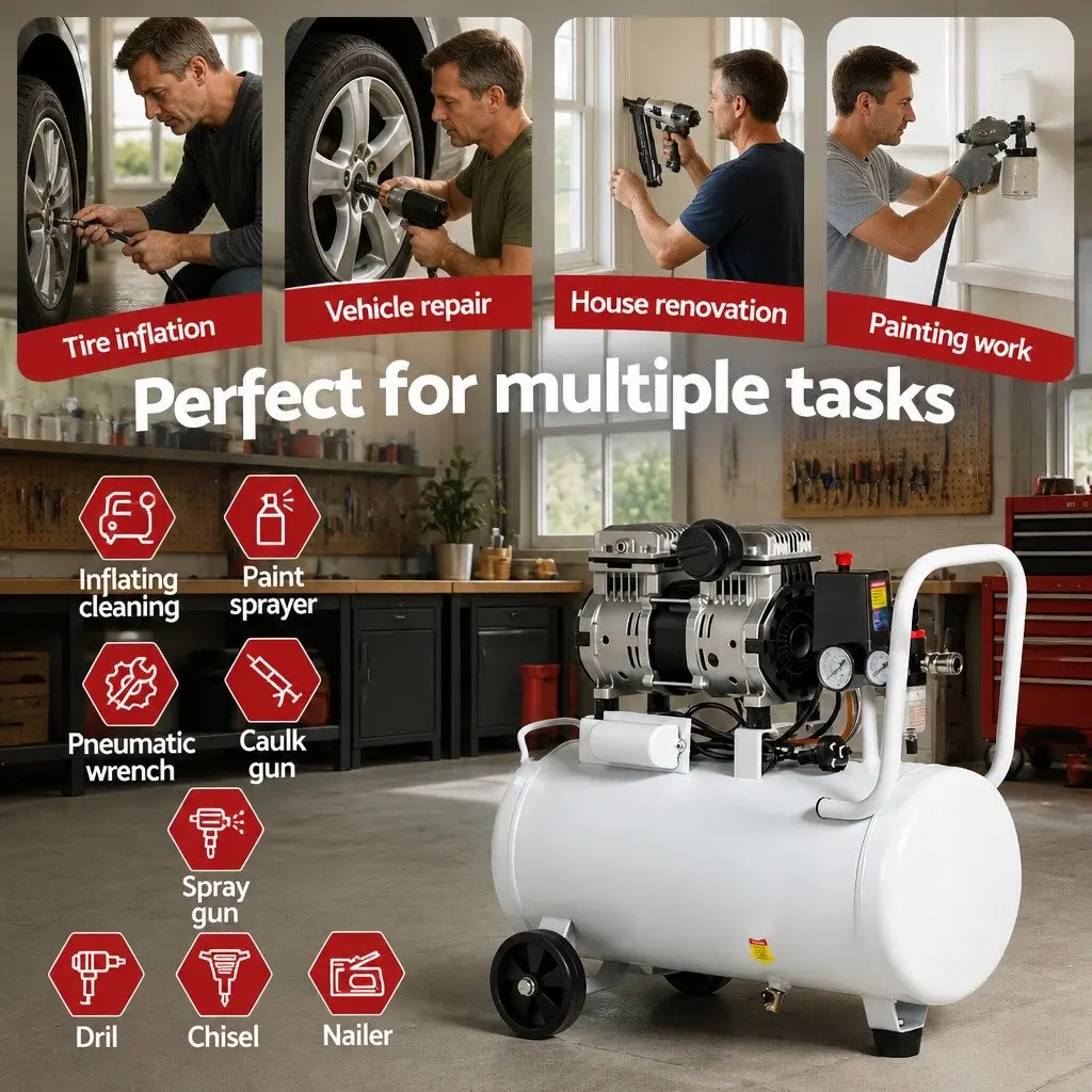 30L Air Compressor Quiet Oil-Free Portable Tyre Inflator 40L/Min 0.75HP