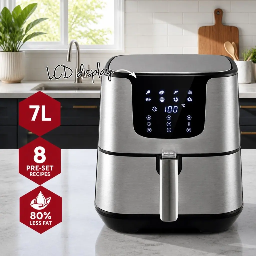 Air Fryer Kitchen 7L LCD Touch Control Black Stainless Steel