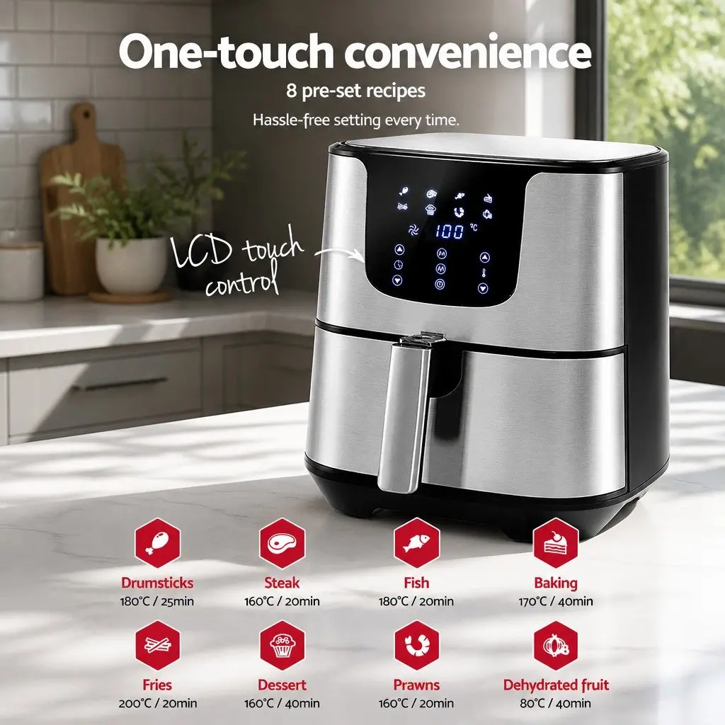 Air Fryer Kitchen 7L LCD Touch Control Black Stainless Steel