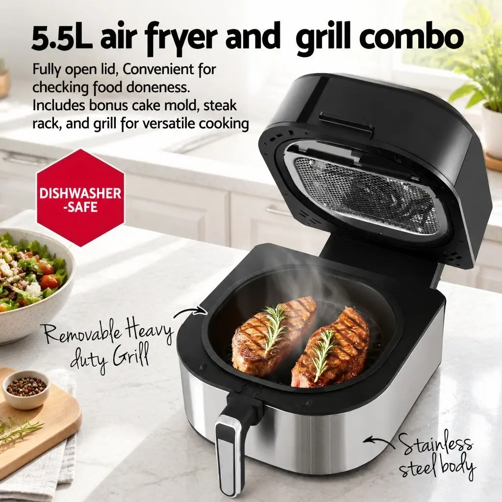 Air Fryer and Grill Kitchen 5.5L Capacity 1500W LCD Display Touch Control Black