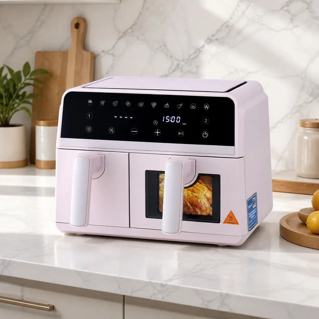 Air Fryer Dual Zone Kitchen Appliance 9L with Two Independent Baskets Pink