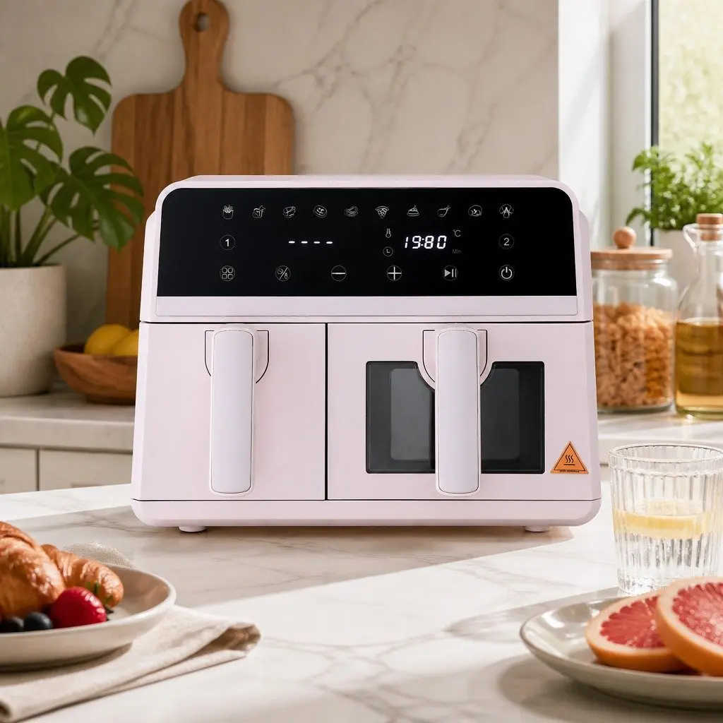 Air Fryer Dual Zone Kitchen Appliance 9L with Two Independent Baskets Pink
