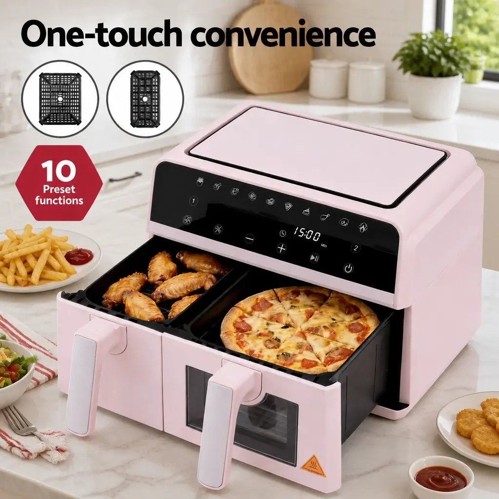 Air Fryer Dual Zone Kitchen Appliance 9L with Two Independent Baskets Pink