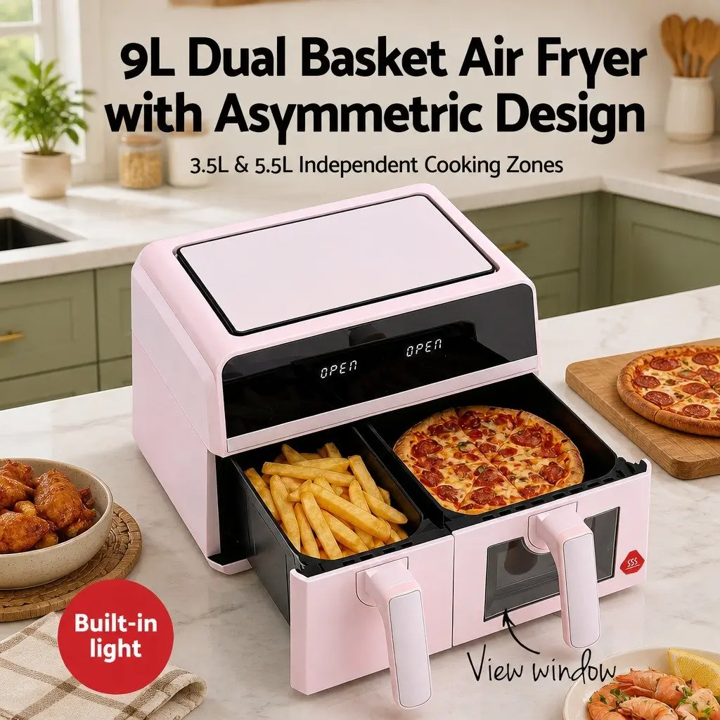 Air Fryer Dual Zone Kitchen Appliance 9L with Two Independent Baskets Pink