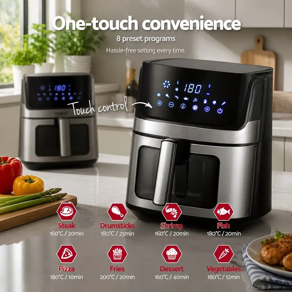 Air Fryer 6.5L LCD Touch Control Panel Tempered Glass Window Kitchen Cooking
