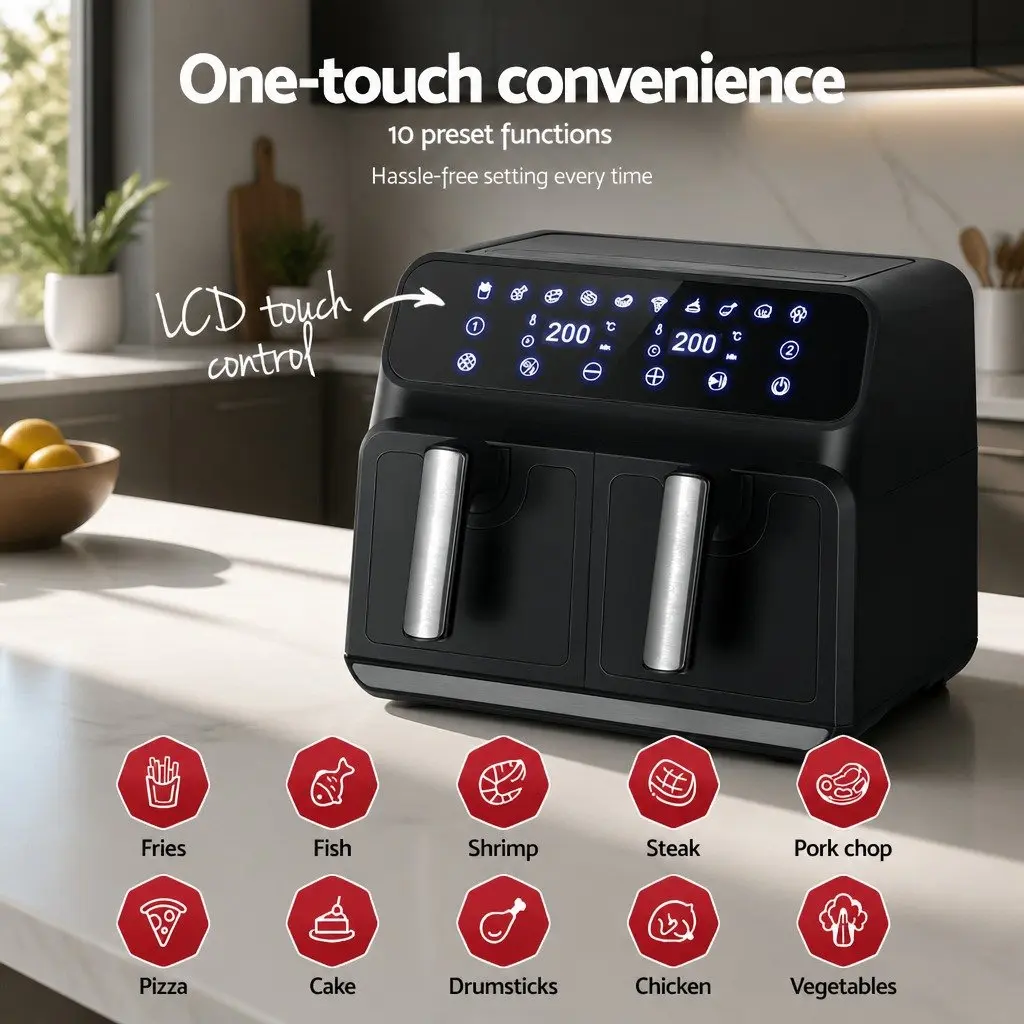 8L Dual Zone Air Fryer Kitchen Cooking Appliance with Digital Touch Control Black