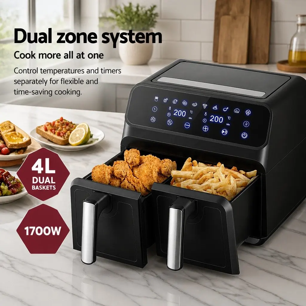 8L Dual Zone Air Fryer Kitchen Cooking Appliance with Digital Touch Control Black