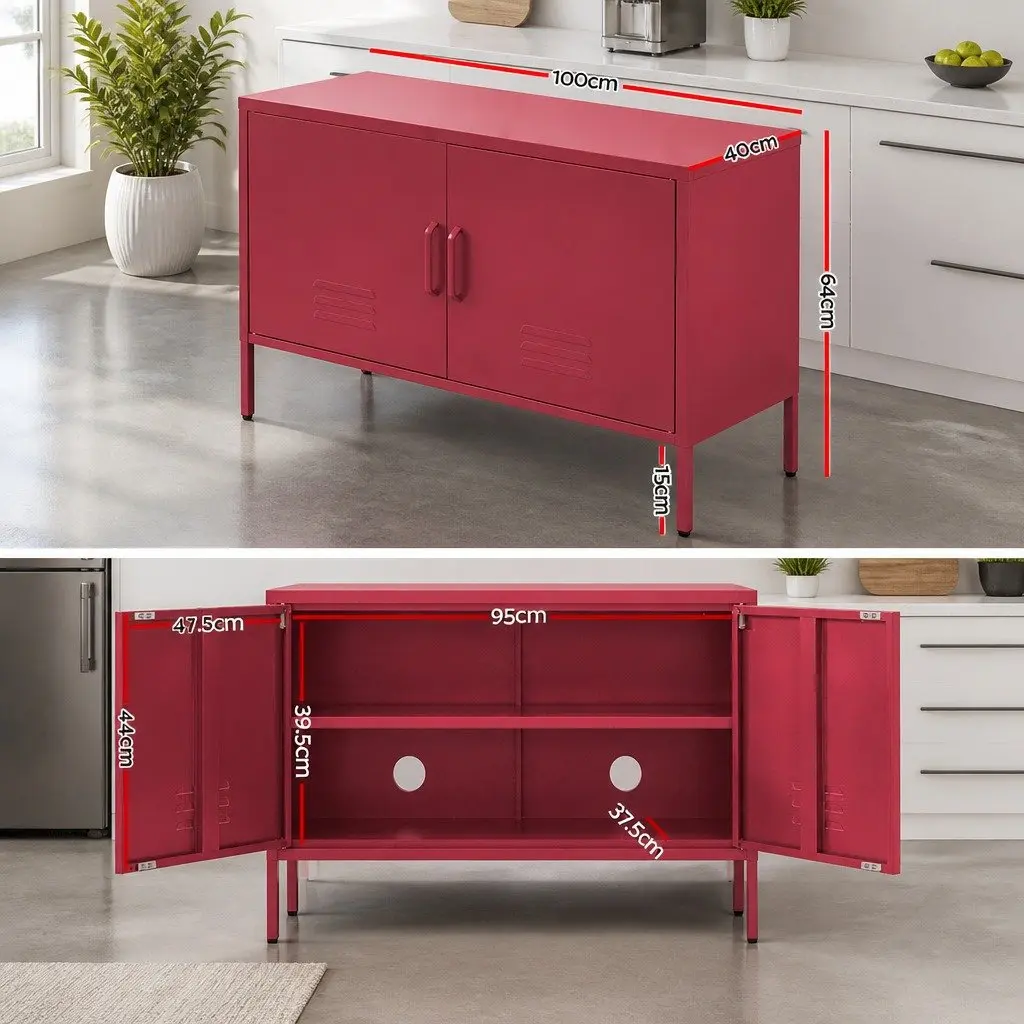 Metal Buffet Sideboard Storage Cabinet for Dining Room Pink 100cm W x 40cm D x 64cm H