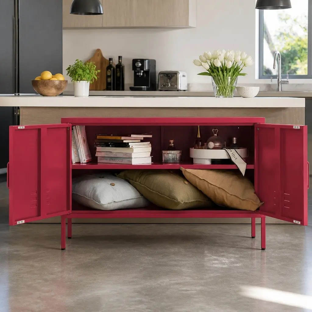 Metal Buffet Sideboard Storage Cabinet for Dining Room Pink 100cm W x 40cm D x 64cm H