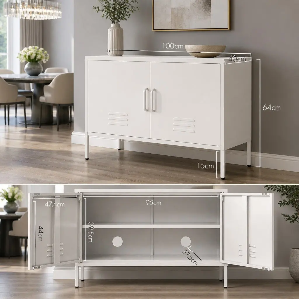 Buffet Sideboard Storage Cabinet for Dining Room White Metal 100cm W x 40cm D x 64cm H