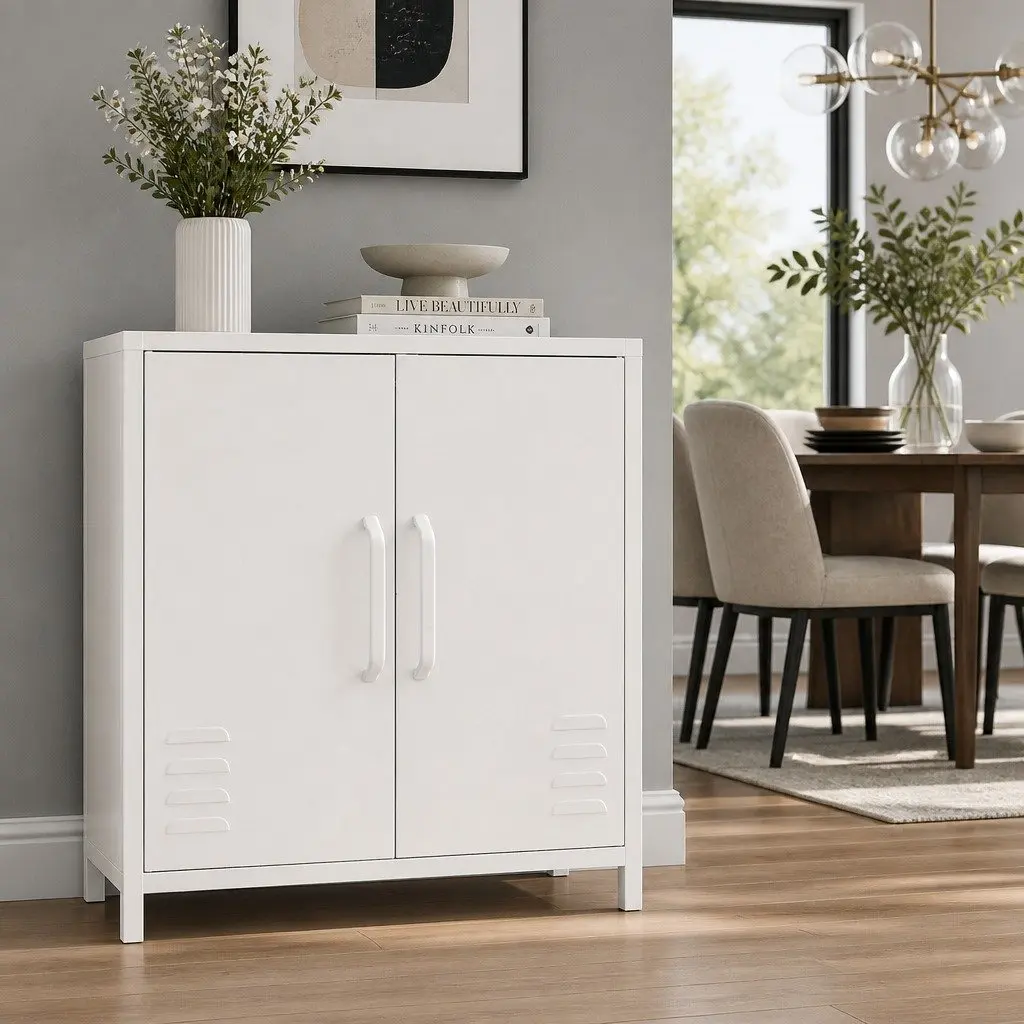Buffet Sideboard Storage Cabinet for Dining Room White Metal 100cm W x 40cm D x 64cm H