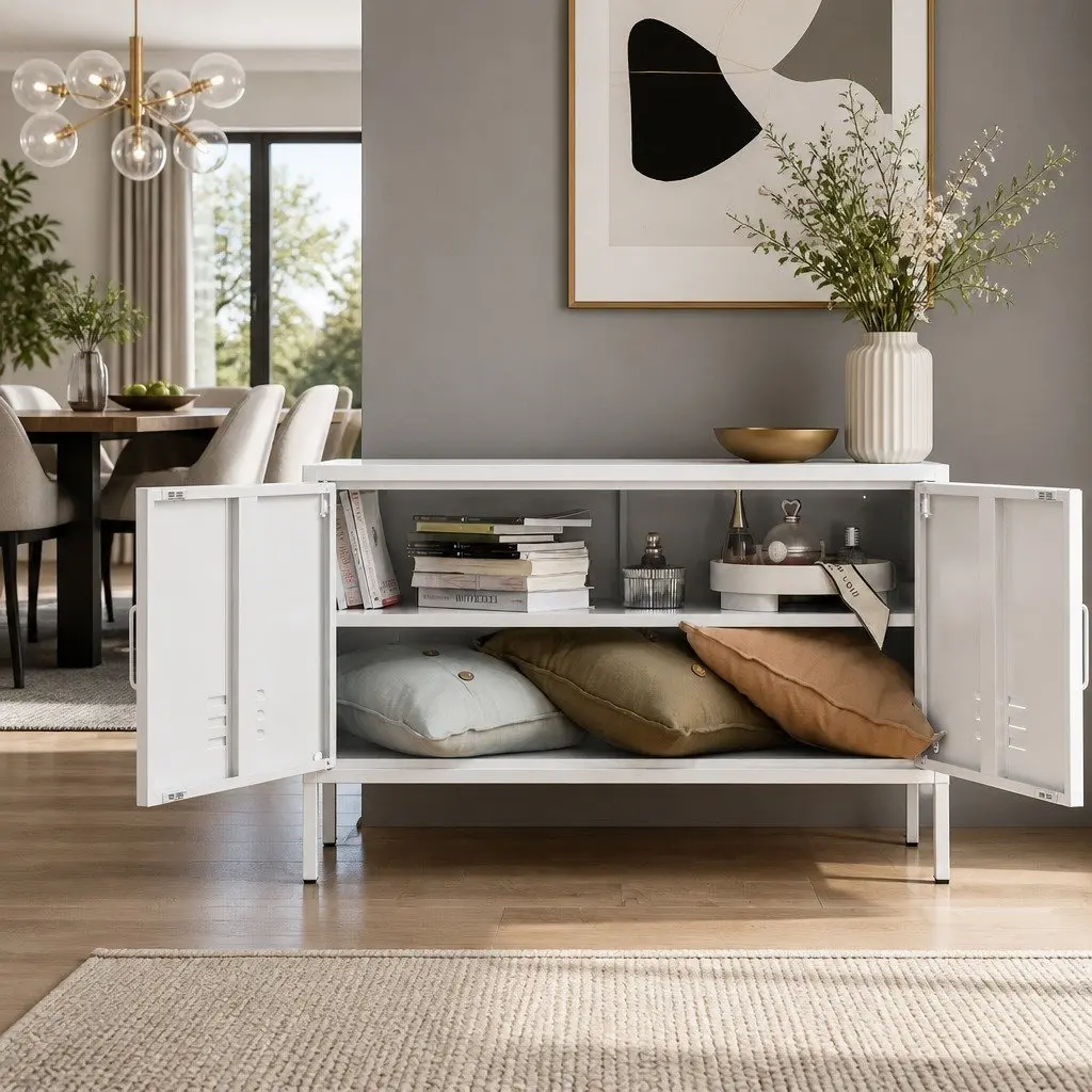 Buffet Sideboard Storage Cabinet for Dining Room White Metal 100cm W x 40cm D x 64cm H