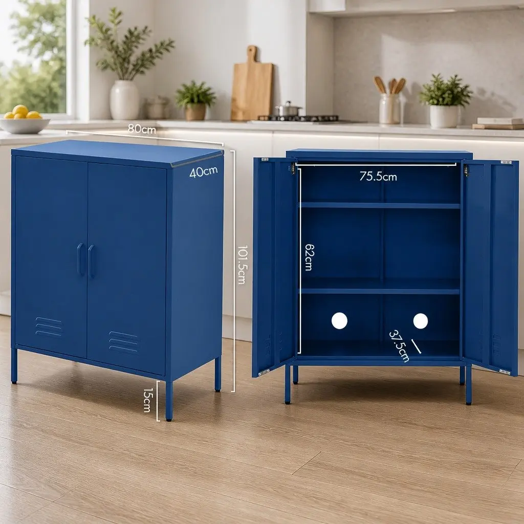 Blue Metal Buffet Sideboard Cabinet Storage Dining Room 80cm x 40cm x 101.5cm