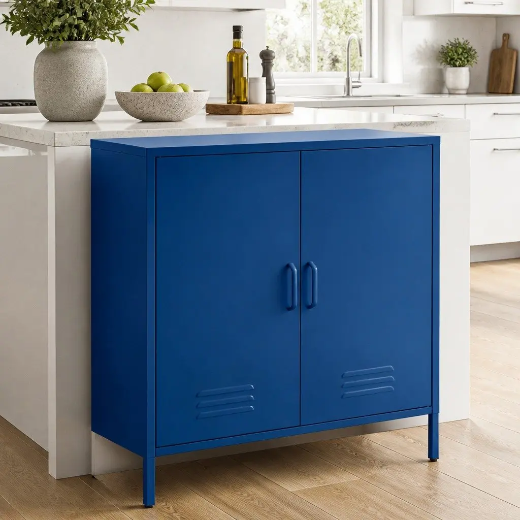 Blue Metal Buffet Sideboard Cabinet Storage Dining Room 80cm x 40cm x 101.5cm