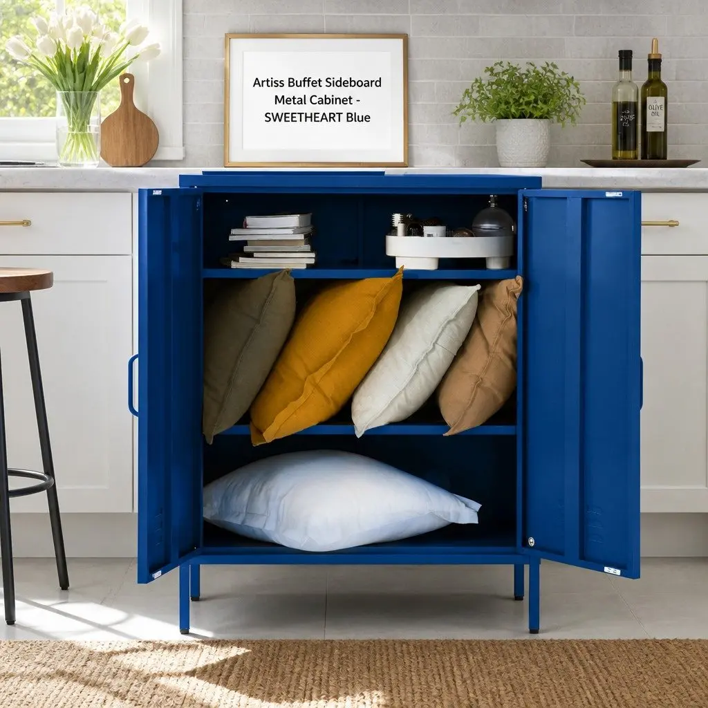 Blue Metal Buffet Sideboard Cabinet Storage Dining Room 80cm x 40cm x 101.5cm