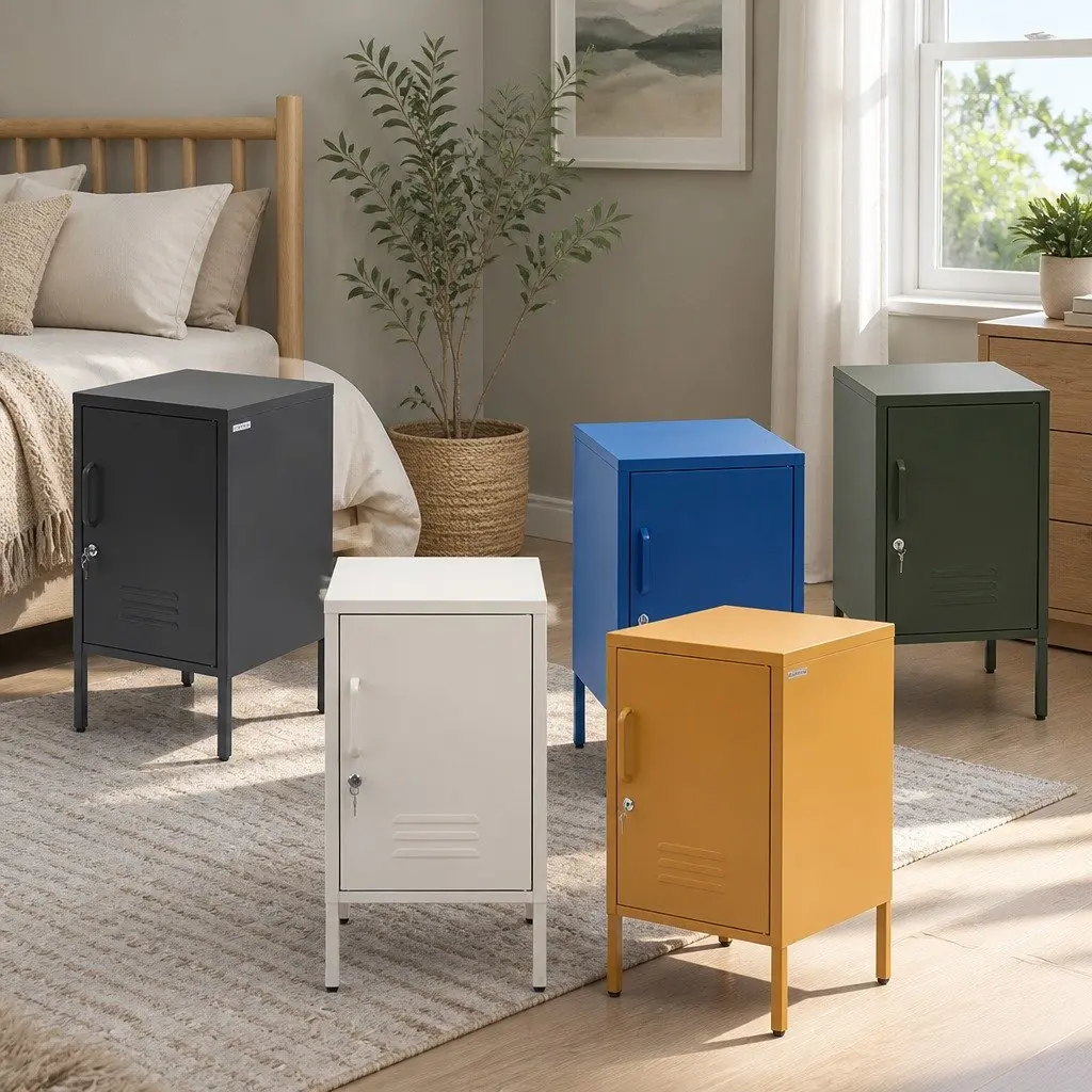 Blue Metal Bedside Table with Lock
