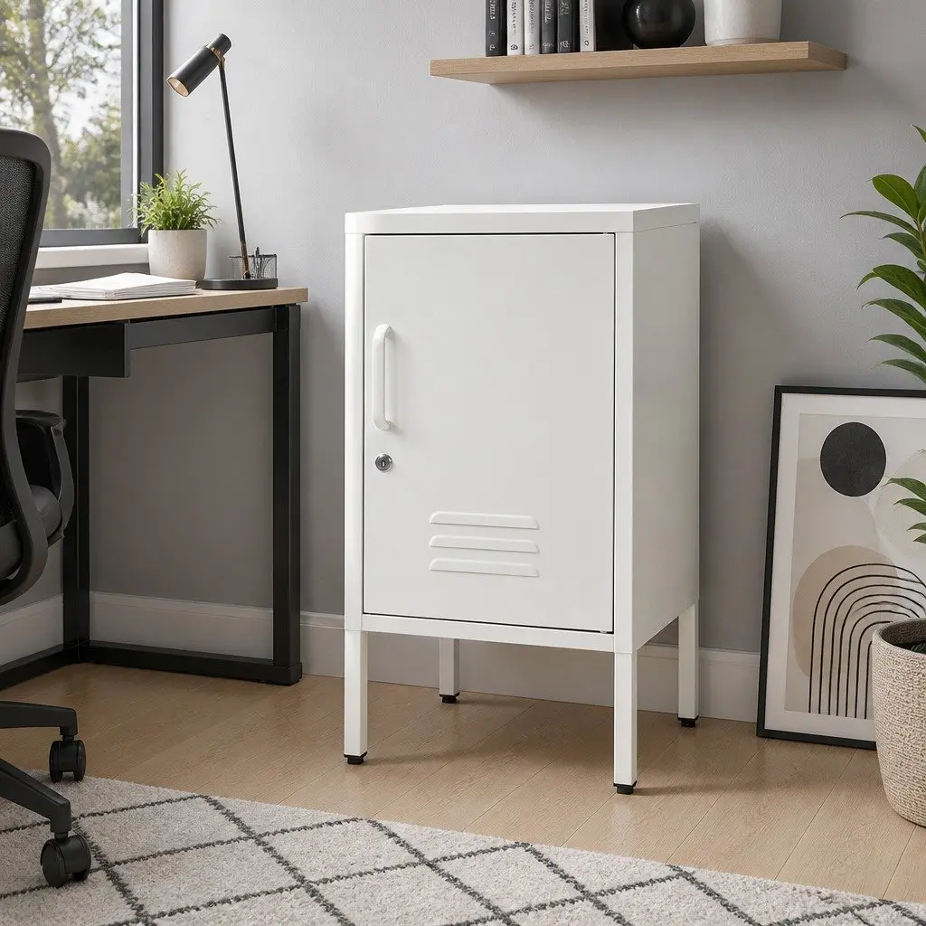 Bedside Table Metal Cabinet White Storage Locker Bedroom Furniture with Shelf