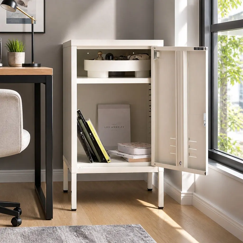 Bedside Table Metal Cabinet White Storage Locker Bedroom Furniture with Shelf