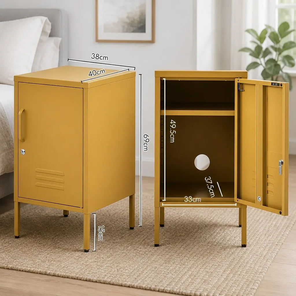 Bedside Table Metal Cabinet with Adjustable Shelf Lock Yellow Storage Locker