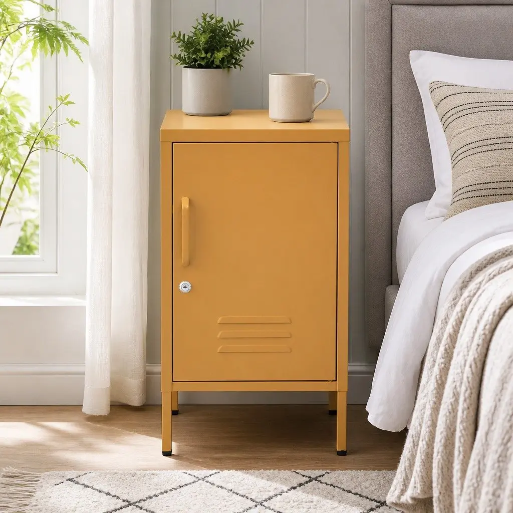 Bedside Table Metal Cabinet with Adjustable Shelf Lock Yellow Storage Locker