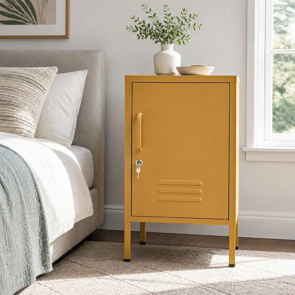Bedside Table Metal Cabinet with Adjustable Shelf Lock Yellow Storage Locker