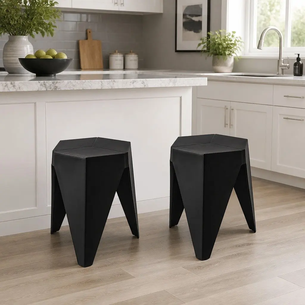 Bar Stools Set of 2 Puzzle Design Stackable Modern Home Indoor Outdoor Black