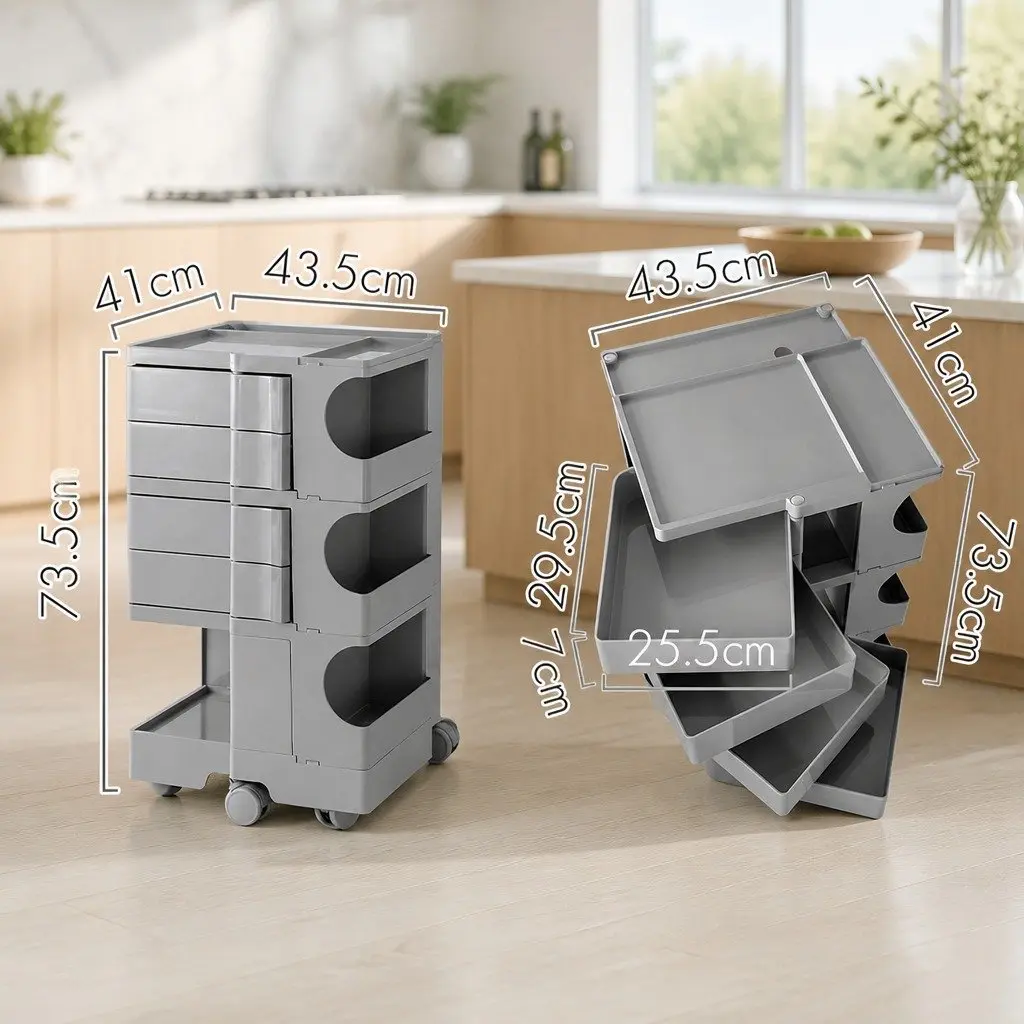 Storage Trolley Bedside Side Table 5 Tier Cart Organiser Wheels Grey