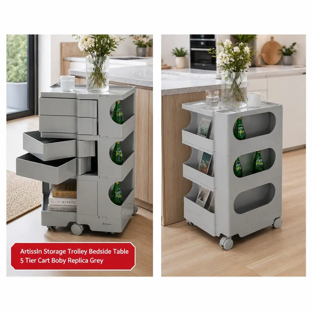 Storage Trolley Bedside Side Table 5 Tier Cart Organiser Wheels Grey