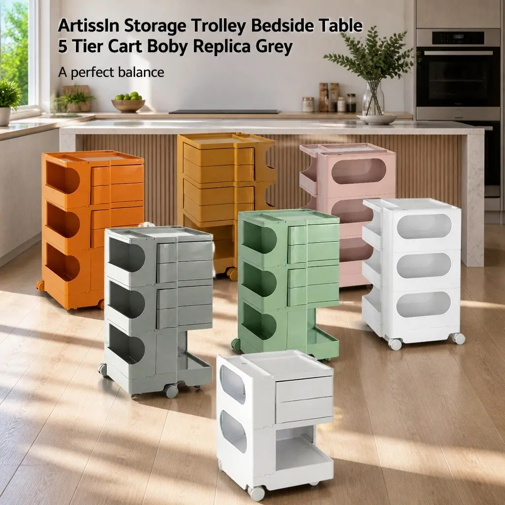 Storage Trolley Bedside Side Table 5 Tier Cart Organiser Wheels Grey