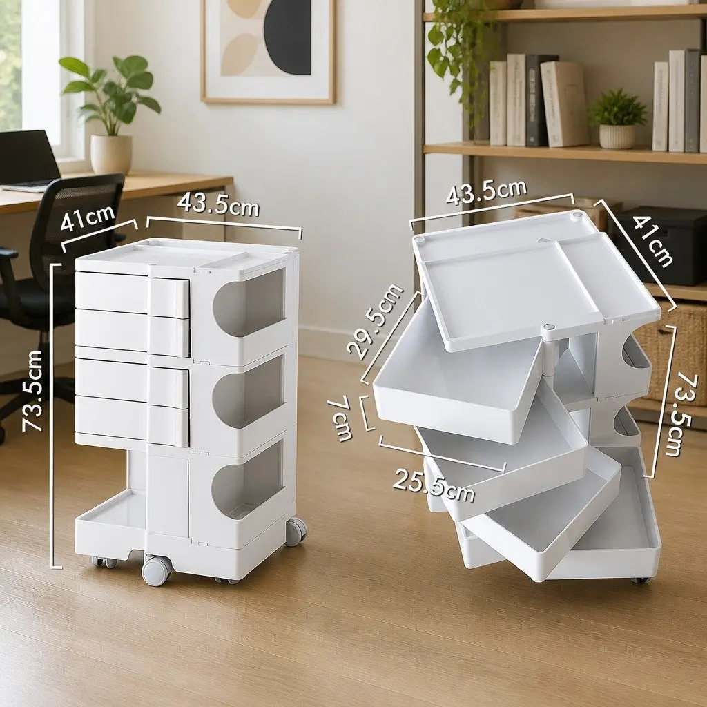 Storage Trolley Cart with Fold-Out Shelves Bedside Table Compact White Organizer