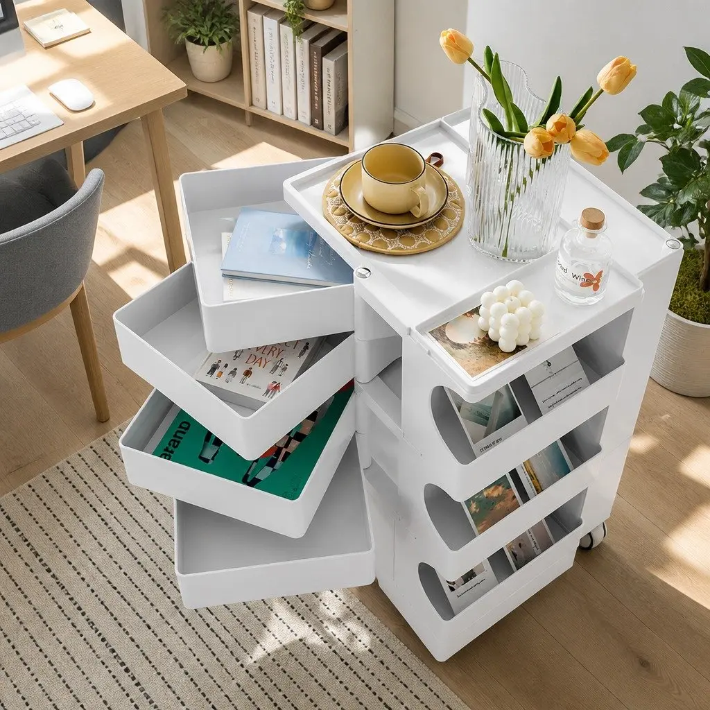Storage Trolley Cart with Fold-Out Shelves Bedside Table Compact White Organizer