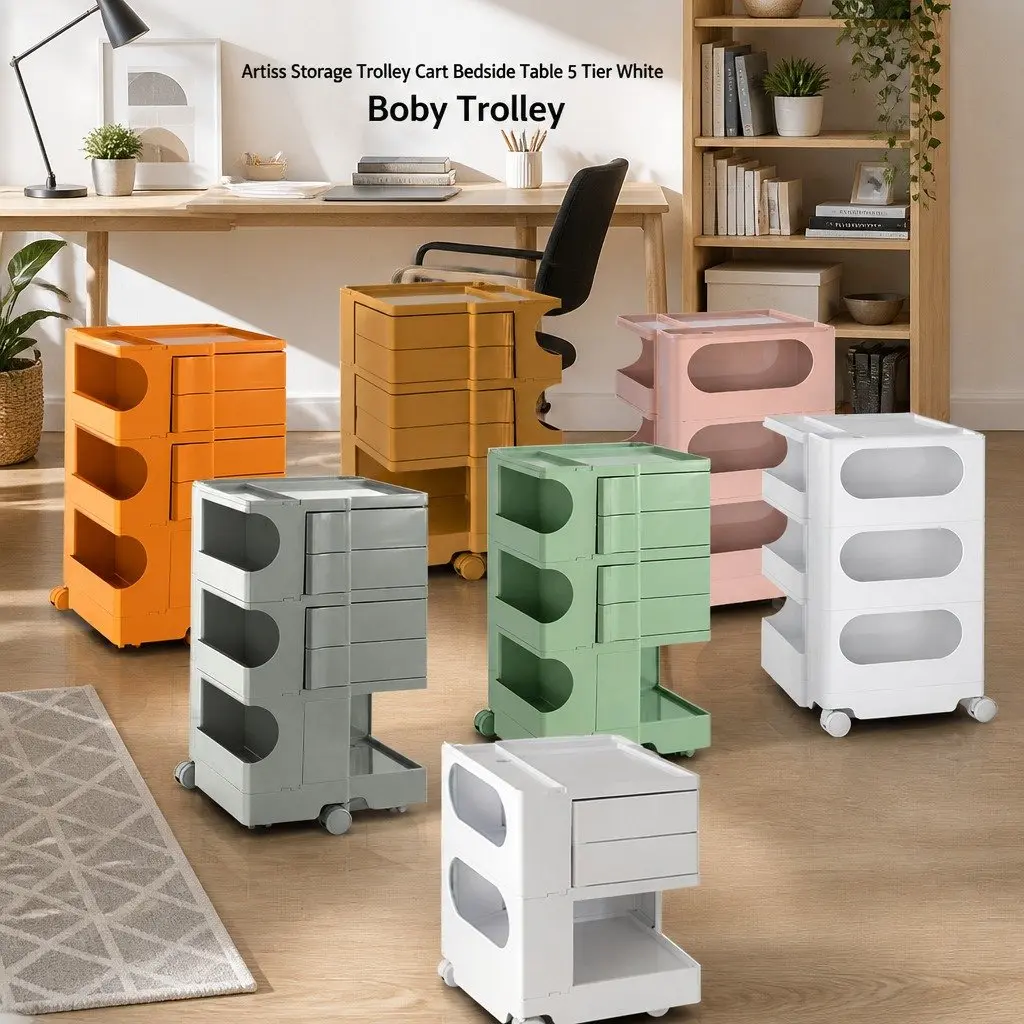 Storage Trolley Cart with Fold-Out Shelves Bedside Table Compact White Organizer