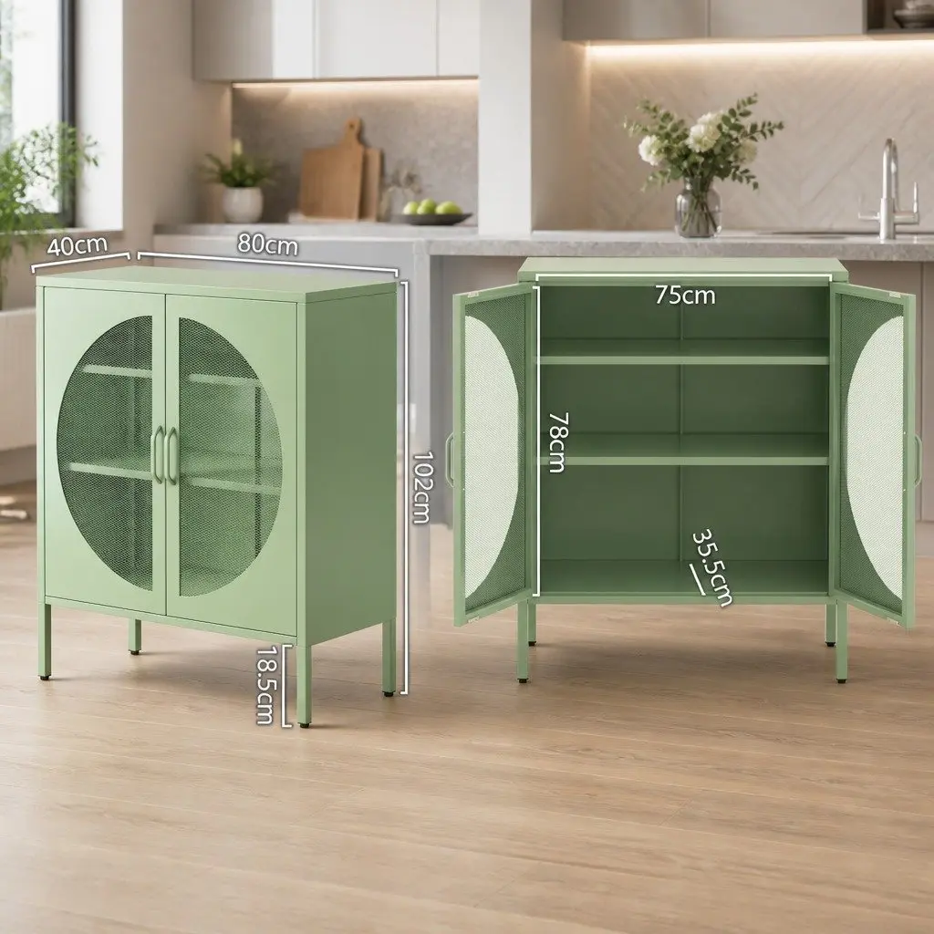 Buffet Sideboard Storage Cabinet 2-Door Mesh Design Light Green Dining Furniture