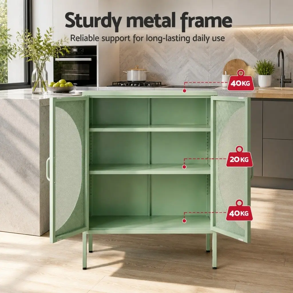 Buffet Sideboard Storage Cabinet 2-Door Mesh Design Light Green Dining Furniture