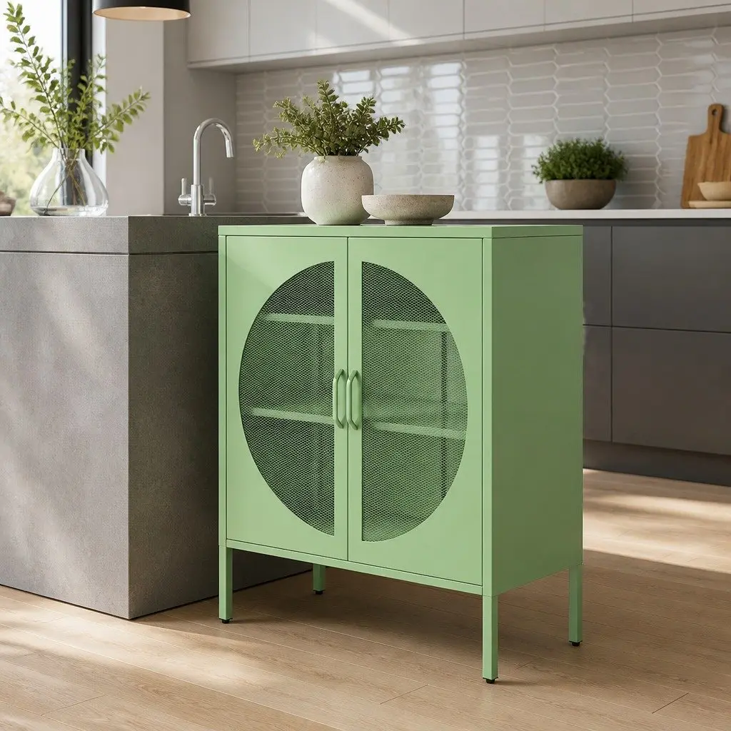 Buffet Sideboard Storage Cabinet 2-Door Mesh Design Light Green Dining Furniture