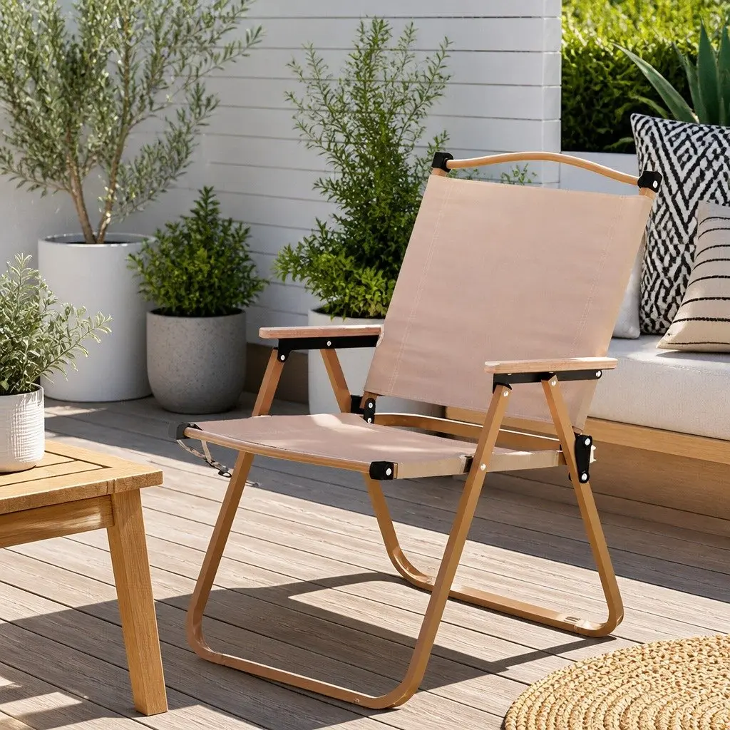 Beige Outdoor Folding Chair for Camping and Leisure Activities