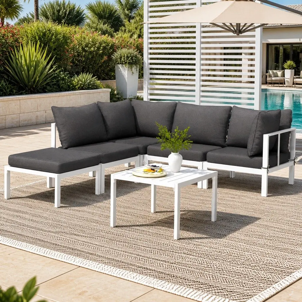 Outdoor Lounge Sofa Set for Patio 6 Piece Aluminium Frame with White Cushions