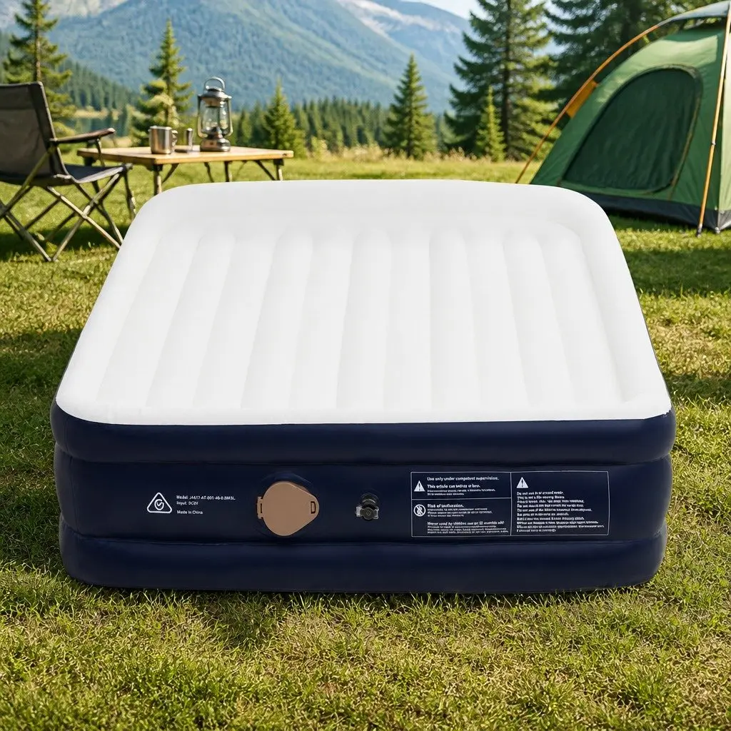 Double Air Mattress Inflatable Bed 46cm Built-in Pump Flocked Sleeping Surface