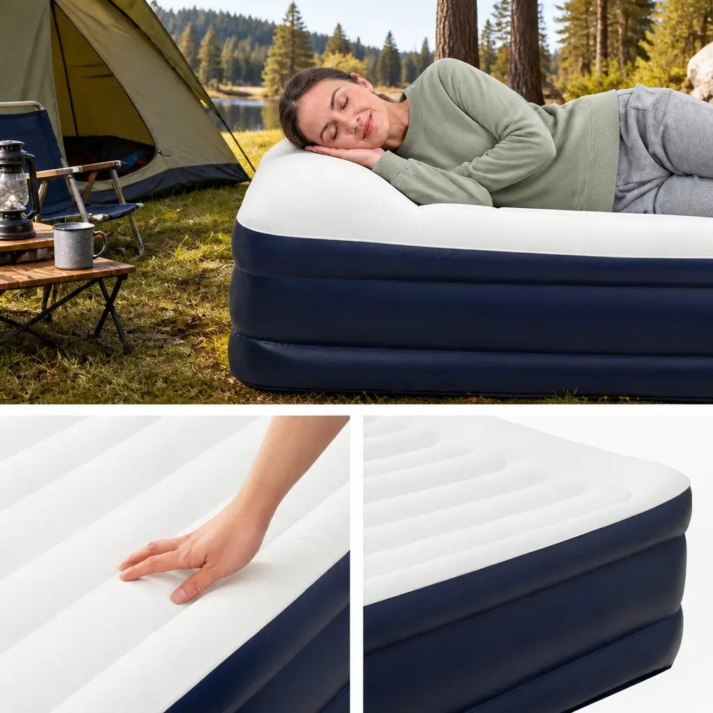 Double Air Mattress Inflatable Bed 46cm Built-in Pump Flocked Sleeping Surface