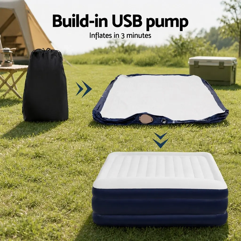 Double Air Mattress Inflatable Bed 46cm Built-in Pump Flocked Sleeping Surface