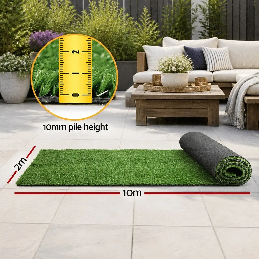Artificial Grass Synthetic Lawn Turf for Outdoor Use 2m x 10m 10mm Pile Green